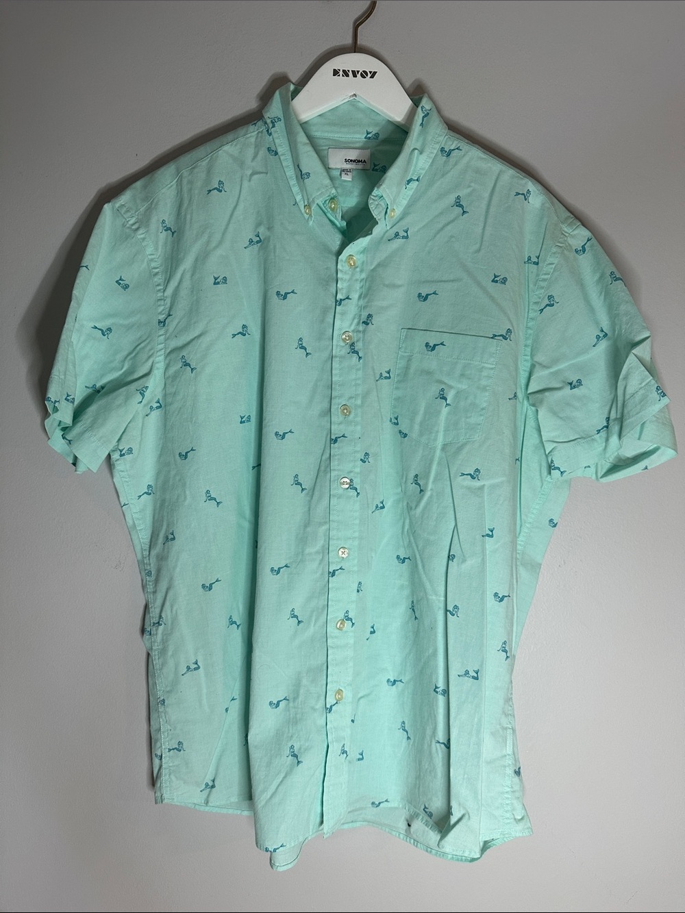 Sonoma Mint Green Short-Sleeve Button-Down Shirt with mermaids Print size XL